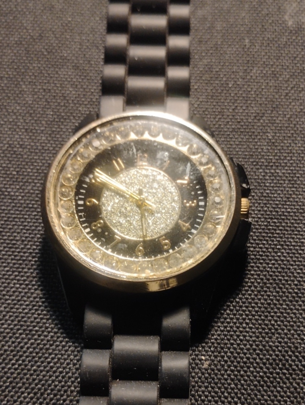 Geneva Platinum Black Watch with Gold Accents and Glitter Dial